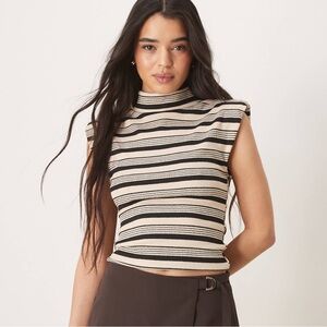 ASOS Striped High Neck Tank Shoulder Pads Black Tan NWT Size Large